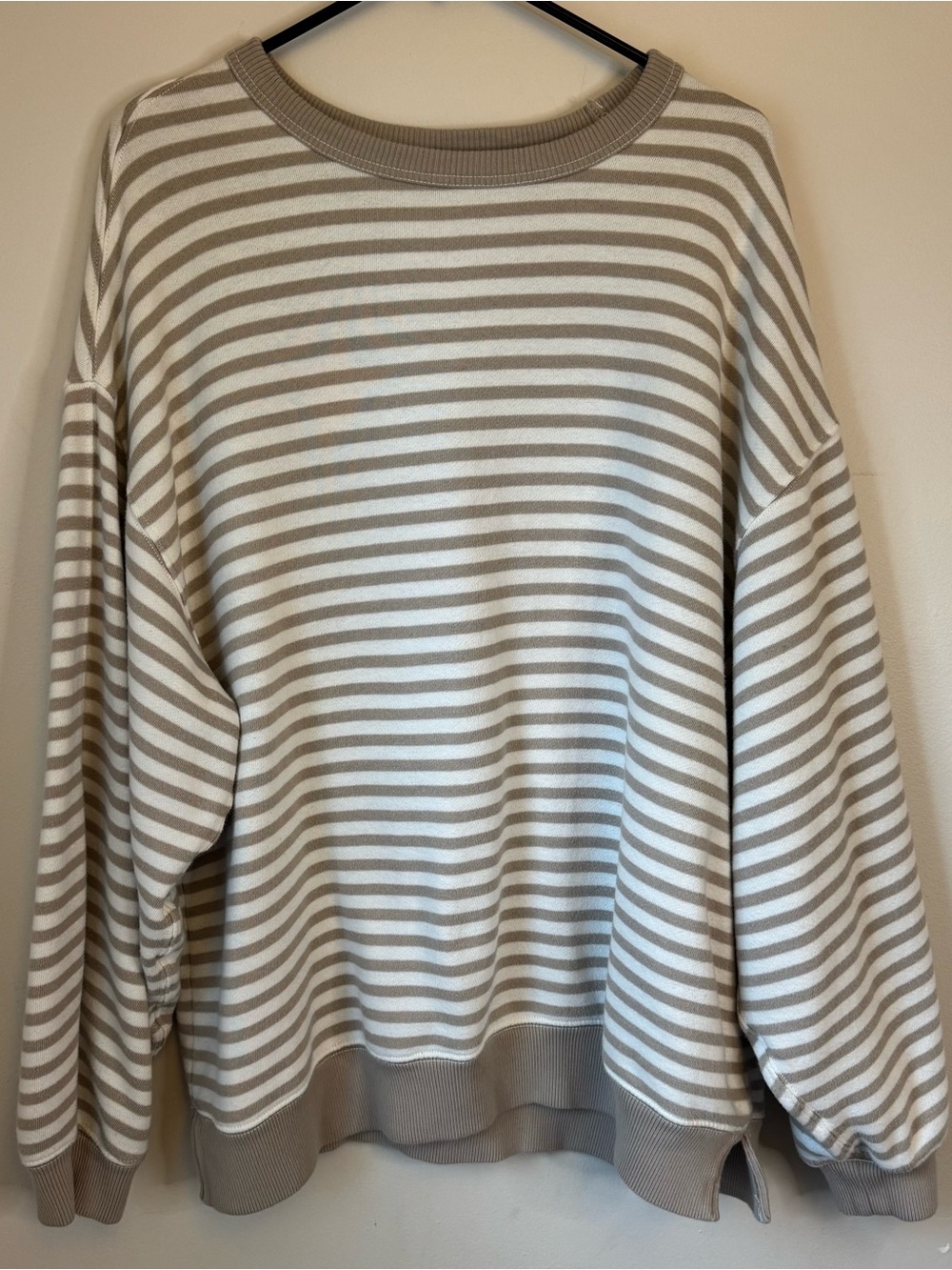 Aerie Taupe Ivory Striped Balloon Sleeve Sweatshirt Oversized Cozy Pullover